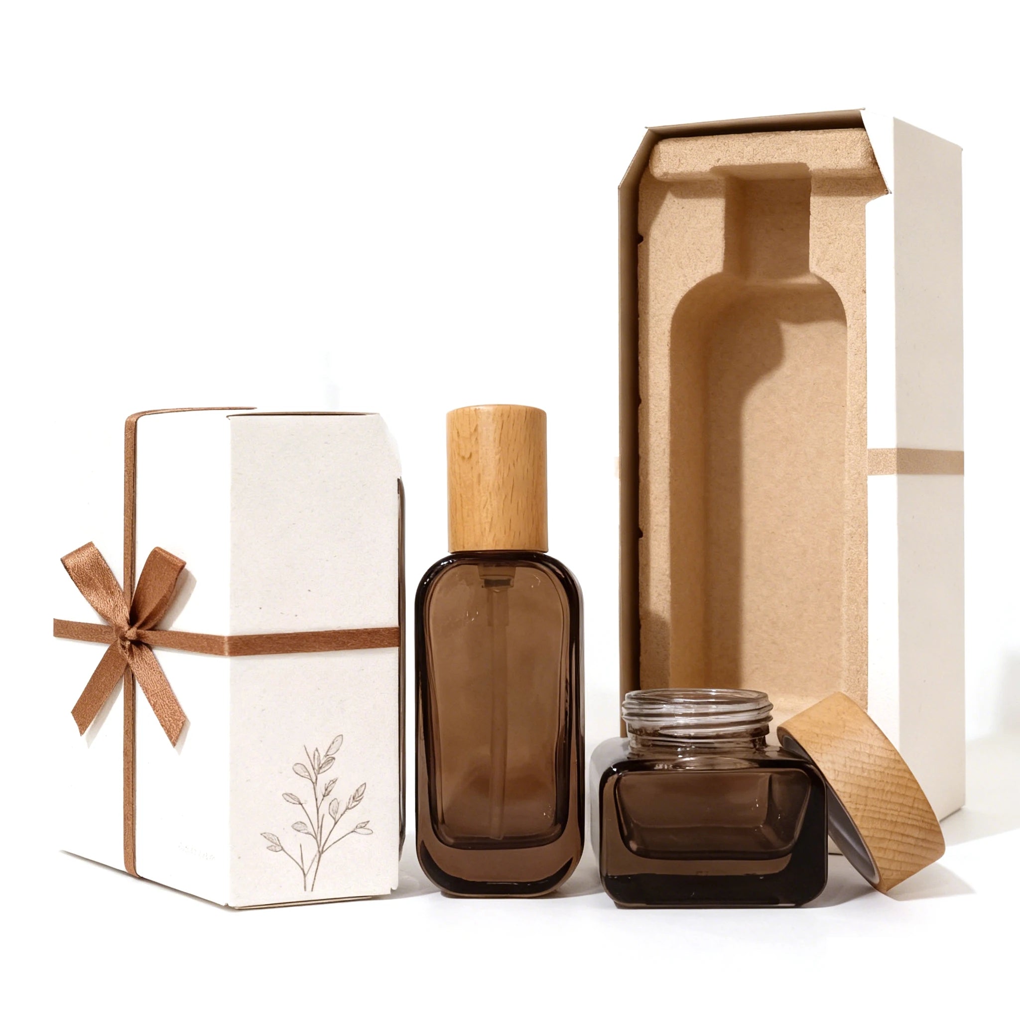 Luxury Cosmetics Packaging Set 30ml 50ml 100ml 120ml Flat square Lotion Pump Spray Serum Oil Glass Bottle Set with Bamboo Lid