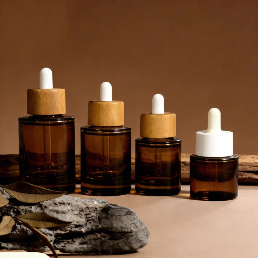 New 15ml 30ml 50ml Glass Dropper Bottles with Bamboo Lid Thick Bottom Flat Shoulder Essential Cosmetic Oil Serum Hair Oil Bottle - 图片 3