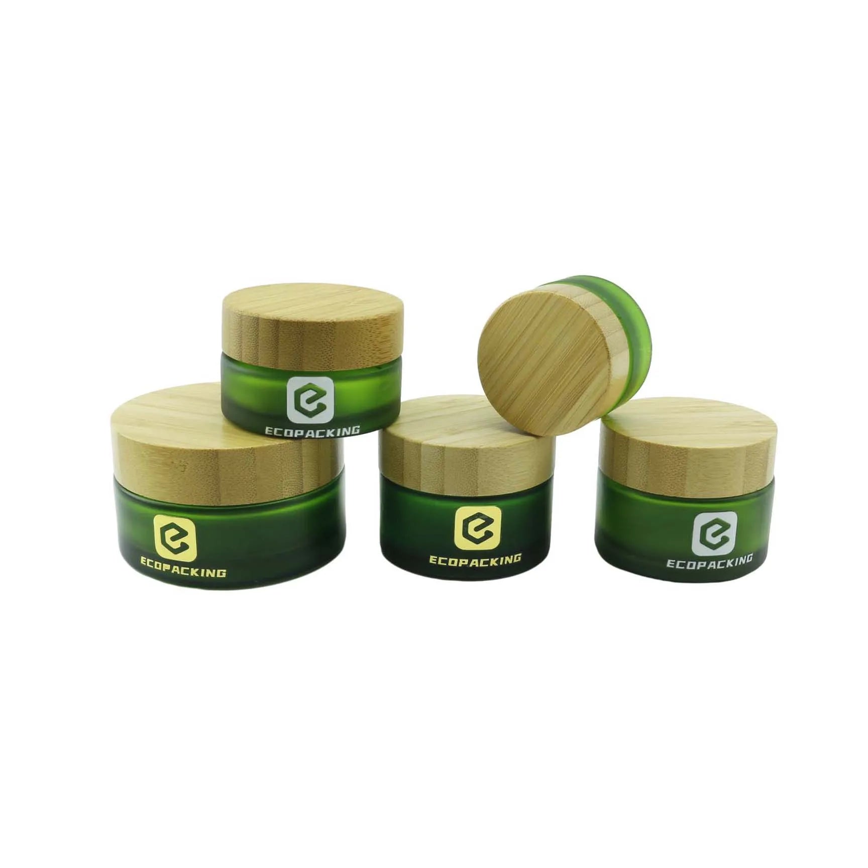 Frosted Green Glass Jar with Bamboo Wooden Lid Natural Packaging Cosmetic Cream Bamboo Jars - 图片 2
