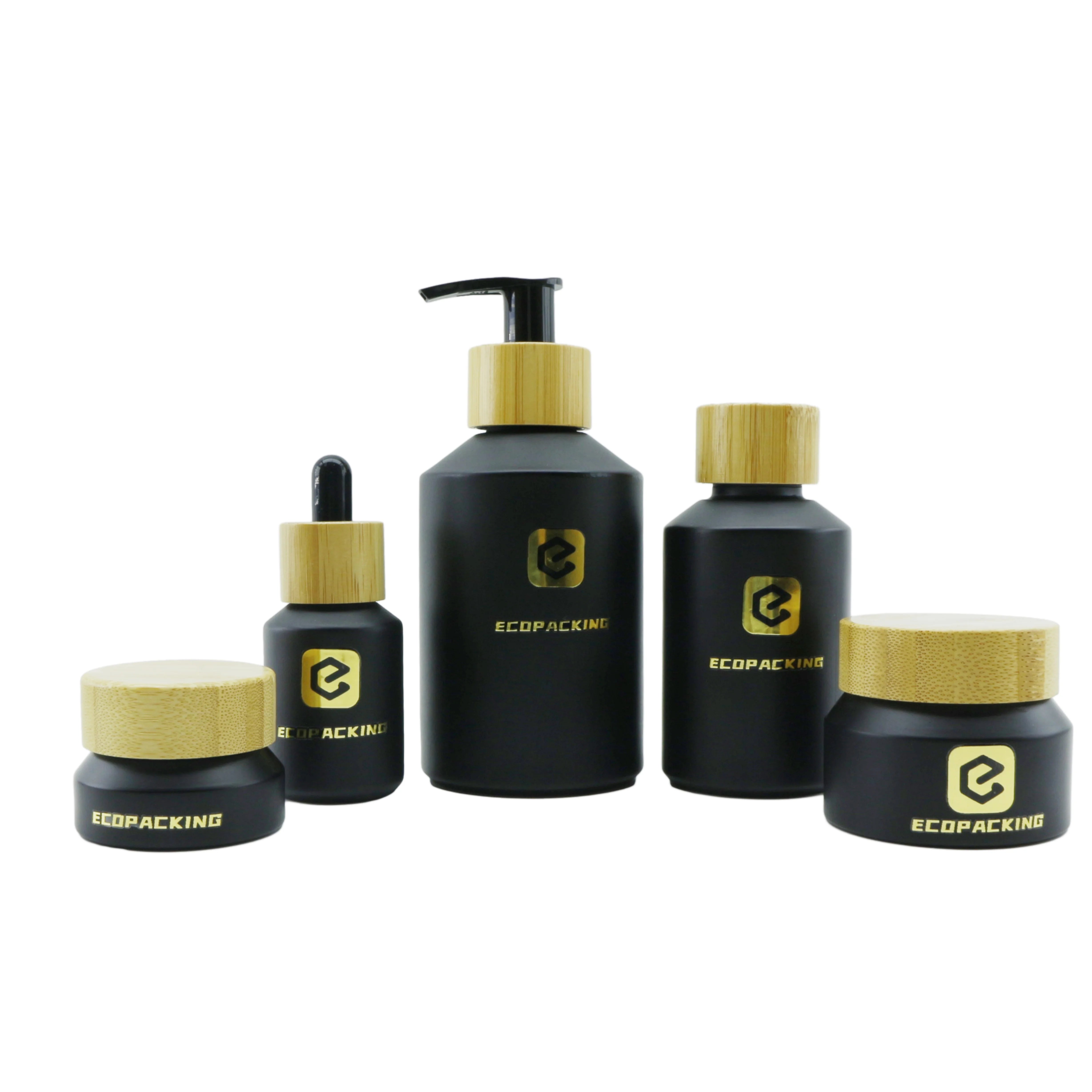 Cosmetic Packaging 30ml 60ml 100ml 120ml Slant Shoulder Frosted Black Glass Dropper Bottle Serum With Pump - 图片 4