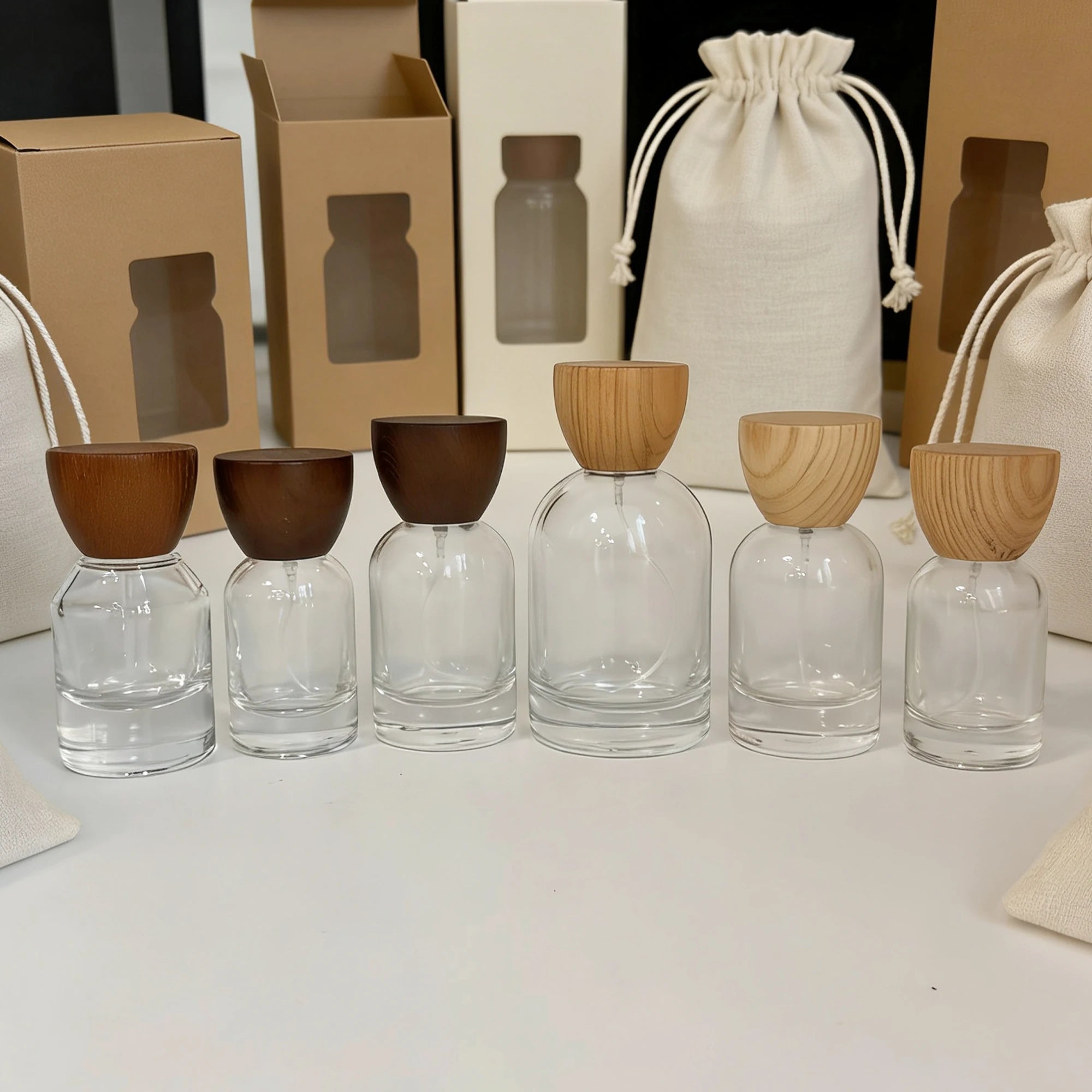 Luxury Zebra Wood Grain Matte Frost Decal Box Set Clear Glass Perfume Spray Bottle 30ml 50ml 100ml Refillable Natural Wood Lid - 图片 5