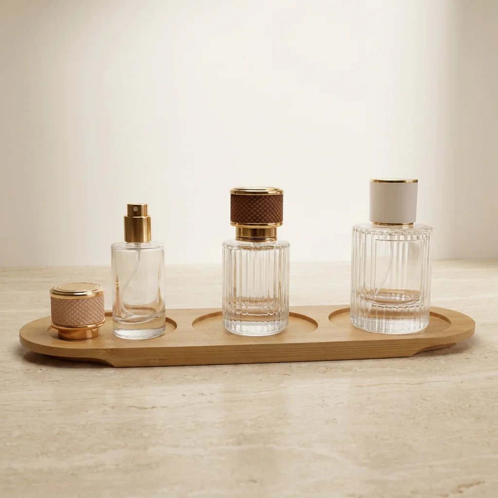 Wholesale Premium Empty Perfume Bottles Ribbed Glass Spray Bottles with Gold Rim for Cosmetic Fragrance Packaging
