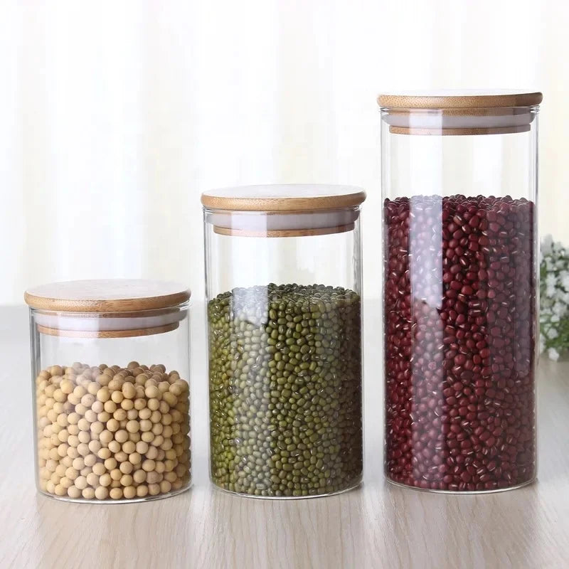 Kitchen Custom Logo Food Grade Bamboo Lid Borosilicate Food Glass Storage Jar