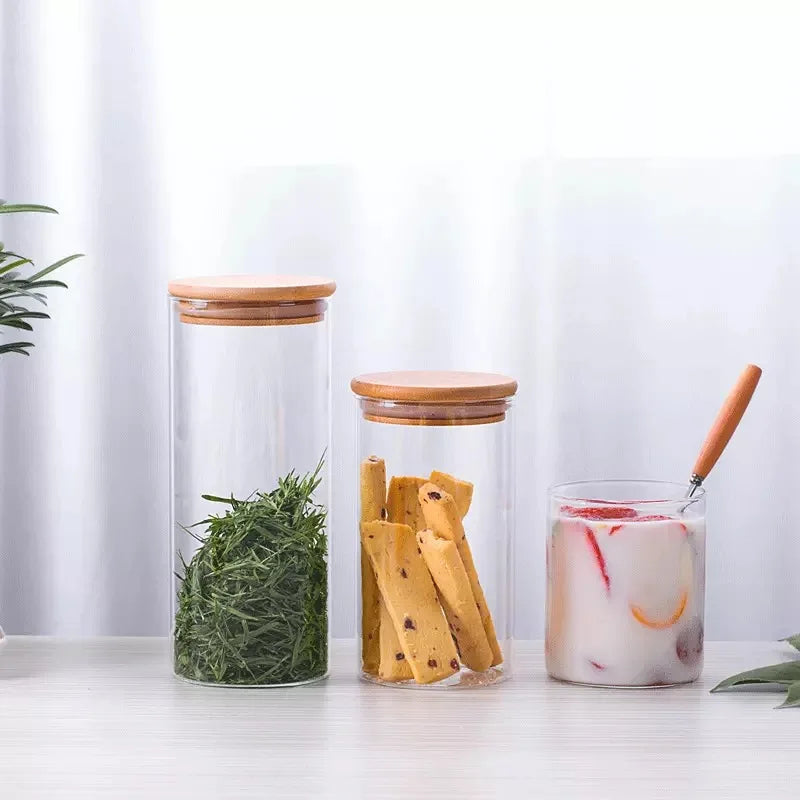 Stackable Customized Kitchen High Borosilicate Glass Storage Jar Set with Bamboo Lid for Food Cake Cookie Candy Spice B8888 - 图片 3