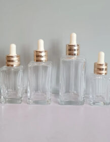 In Stock 30ml 50ml 75ml 100ml Square Shape Clear Essential Oil Glass Dropper Bottle With Gold Lid for Cosmetics Oil Serum
