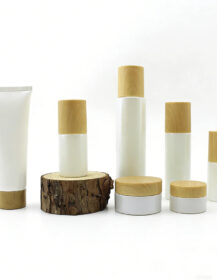 Empty Pearl White Glass Jar Cosmetic Container Spray Pump Lotion Bottle Plastic Cream Tube with Water Transfer Printed Wood Lid