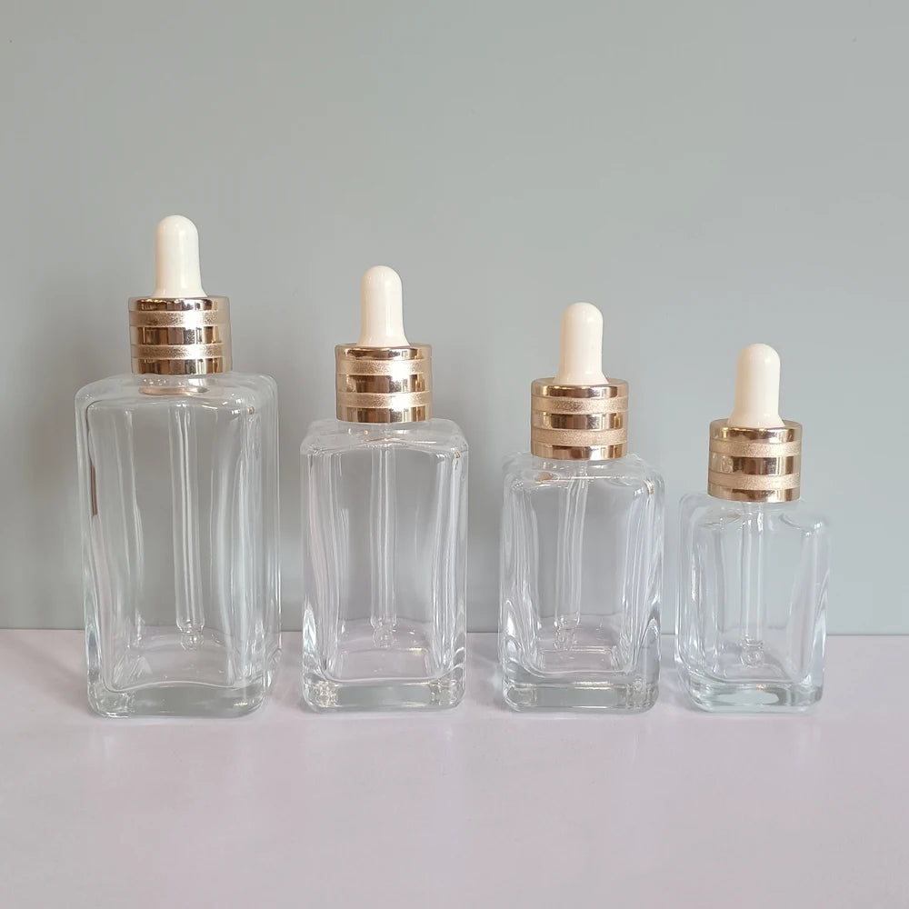 Square Luxury 30ml 50ml 75ml 100ml clear Glass Serum Bottles With Droppers and Gold Collar for Serum Essential Oil - 图片 2