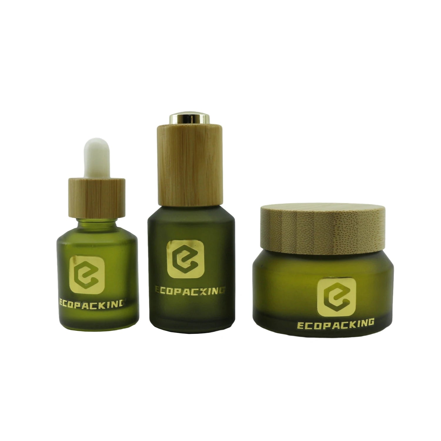 Cosmetic Packaging Slant Shoulder Frosted Olive Green Skin Care Set Cosmetic Glass Bottle and Jar with Bamboo Lid C888 - 图片 5