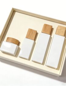 30ml 50ml 100ml 120ml square Glass Cosmetic Serum Bottle and 50g White Glass Cream Jar with Bamboo Lid