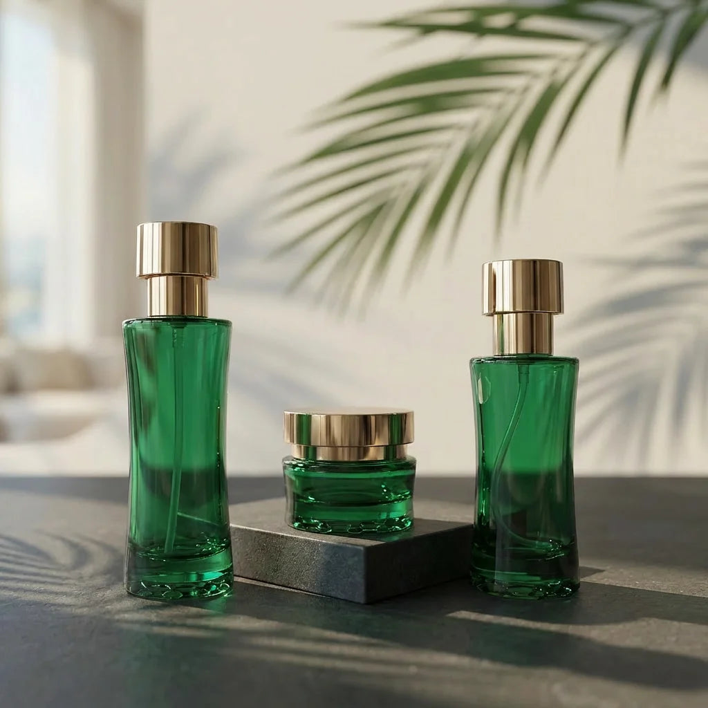 High-End Dark Green Glass Skincare Container Set Refillable Lotion Pump Bottle and Face Cream Jar for Beauty - 图片 4