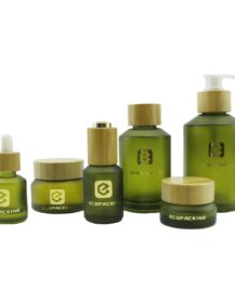 Cosmetic Packaging Frosted Olive Green Slant Shoulder Glass Set Custom Printed Face Cream Jar Glass Lotion Bottle with Pump