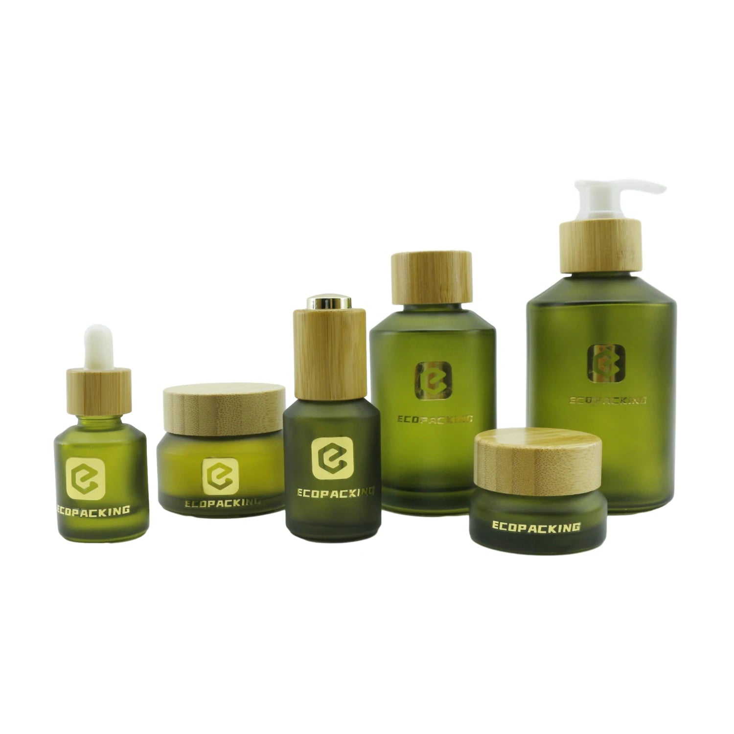 Cosmetic Packaging Frosted Olive Green Slant Shoulder Glass Set Custom Printed Face Cream Jar Glass Lotion Bottle with Pump