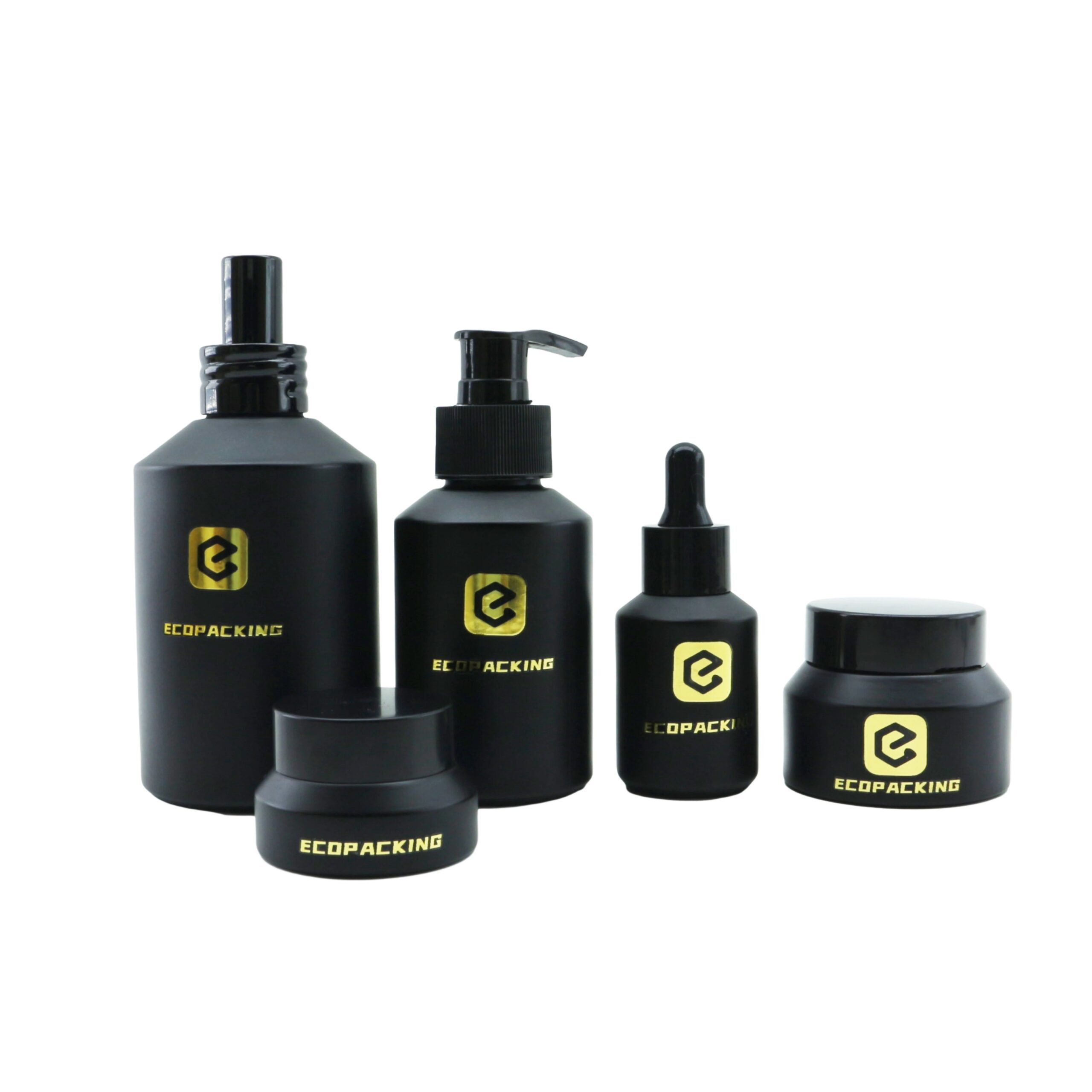 Matte Black Frosted Glass Oil Serum Lotion Bottle with Pump Dropper Spray Cosmetic Luxury Packaging Set for Skin Care - 图片 2