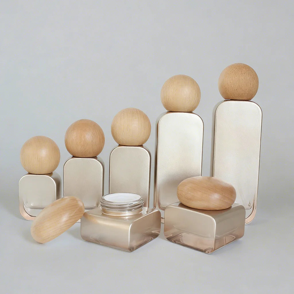 Gold Cosmetic Packaging Set 30ml 50ml 100ml 120ml Luxury Glass Lotion Pump Serum Bottle 30g 50g Square Face Jar with Bamboo Lid - 图片 4