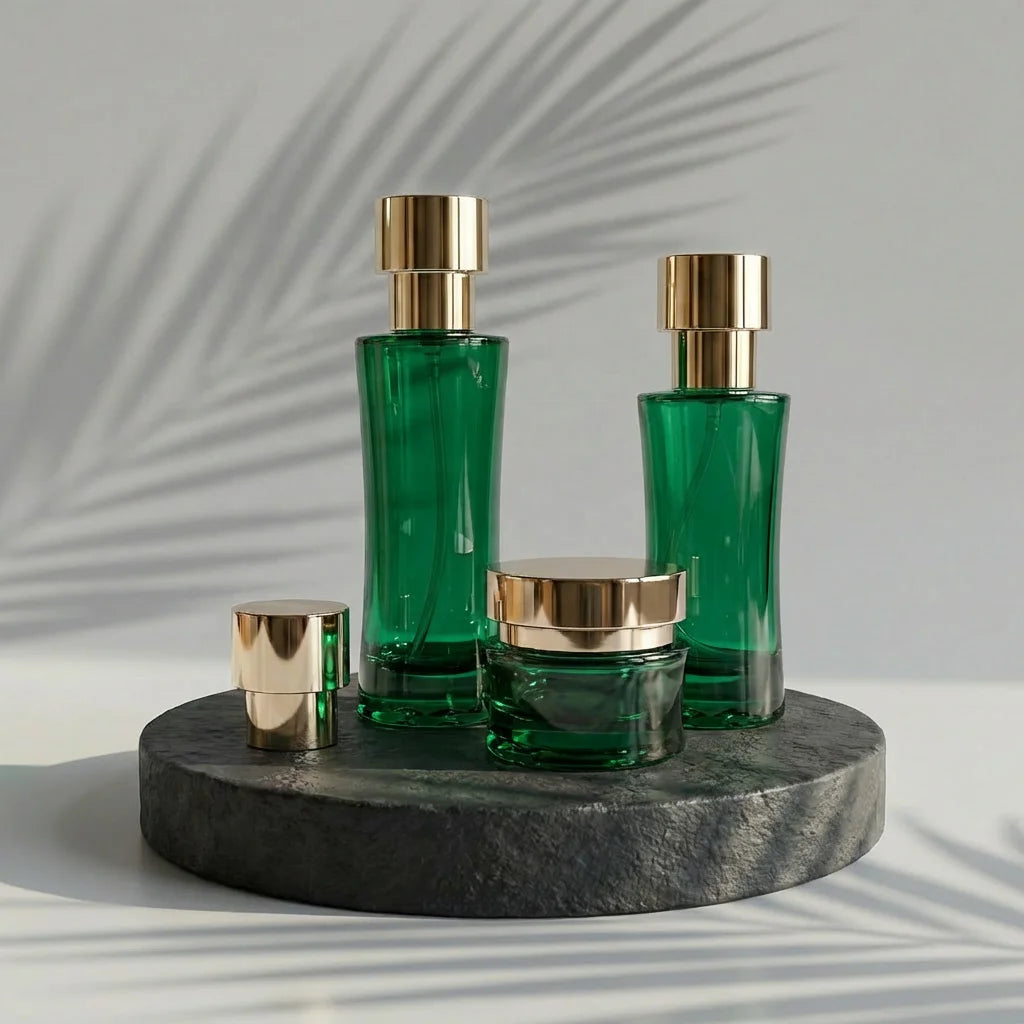 Luxury 40ml 100ml 120ml Empty Green Glass Cosmetic Packaging Set Lotion Pump Bottles Cream Jars with Gold Lid Packaging - 图片 6