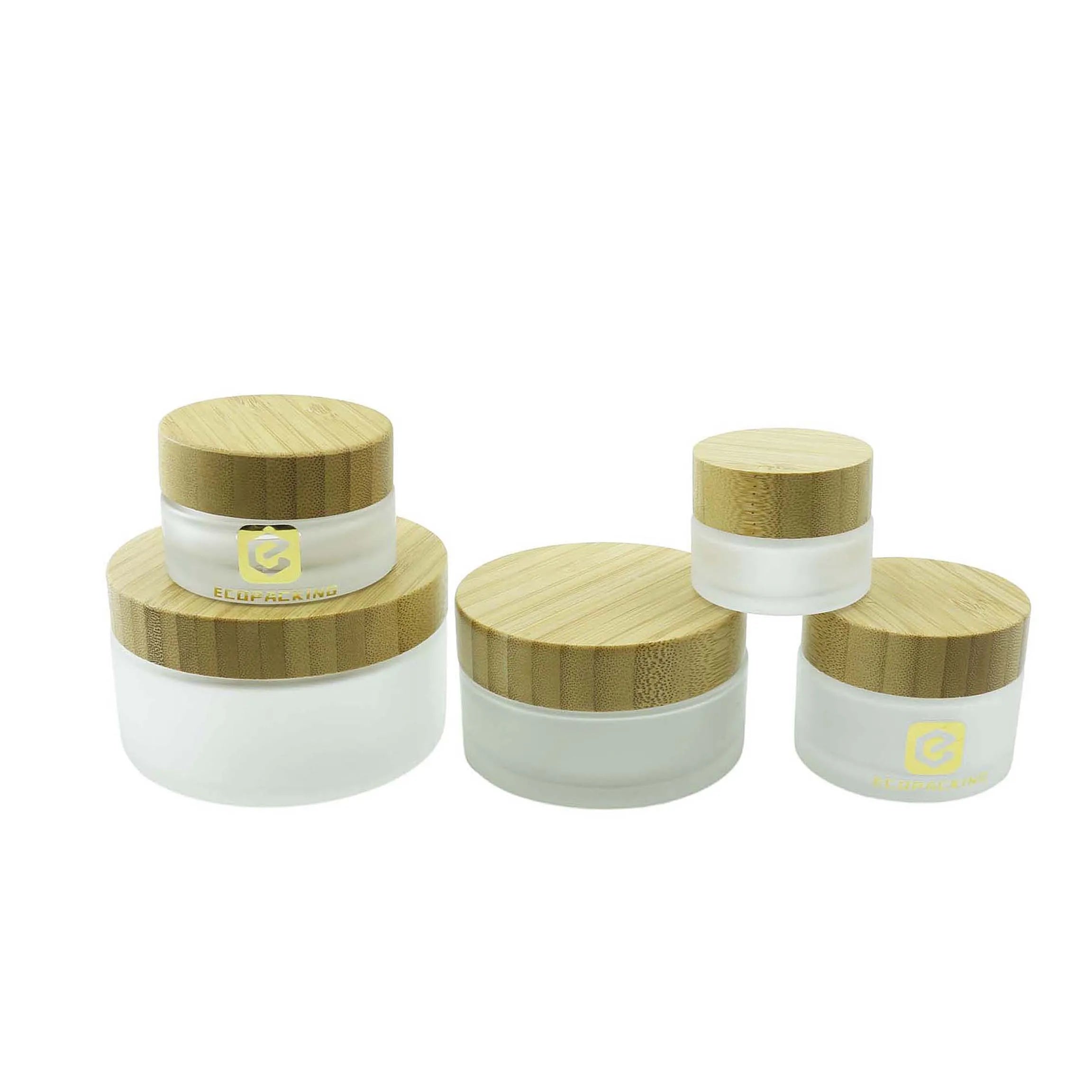 Frosted Clear Skin Care Face Eye Cream Cosmetic Glass Jars with Bamboo Wood Lids - 图片 2