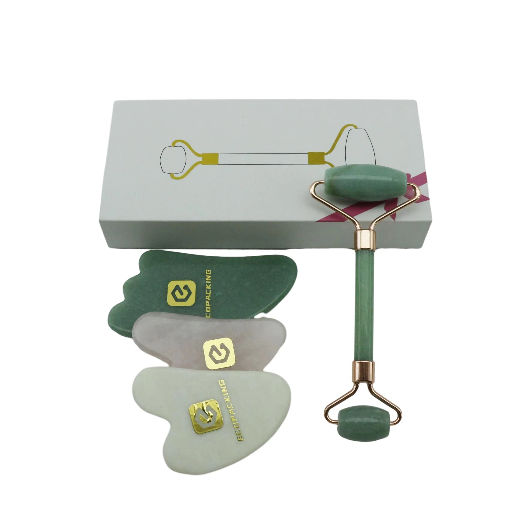 Natural Crystal Stone Anti Aging Custom logo Facial Face Tool Massage Jade Roller Gua Sha Set for Face - 图片 7