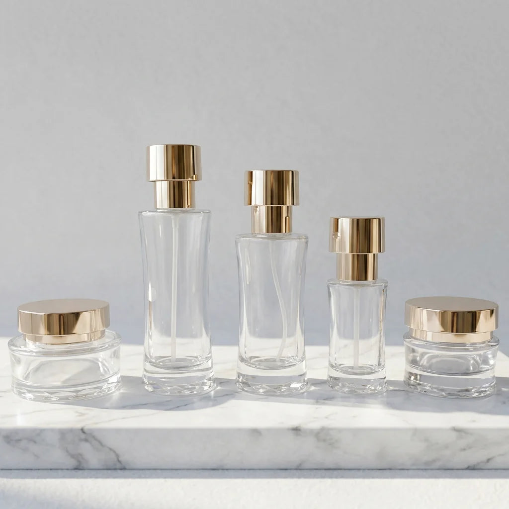 Luxury Glass Cosmetic Packaging Set Gold Lotion Pump Bottle and Face Cream Jar Skincare Container Wholesale
