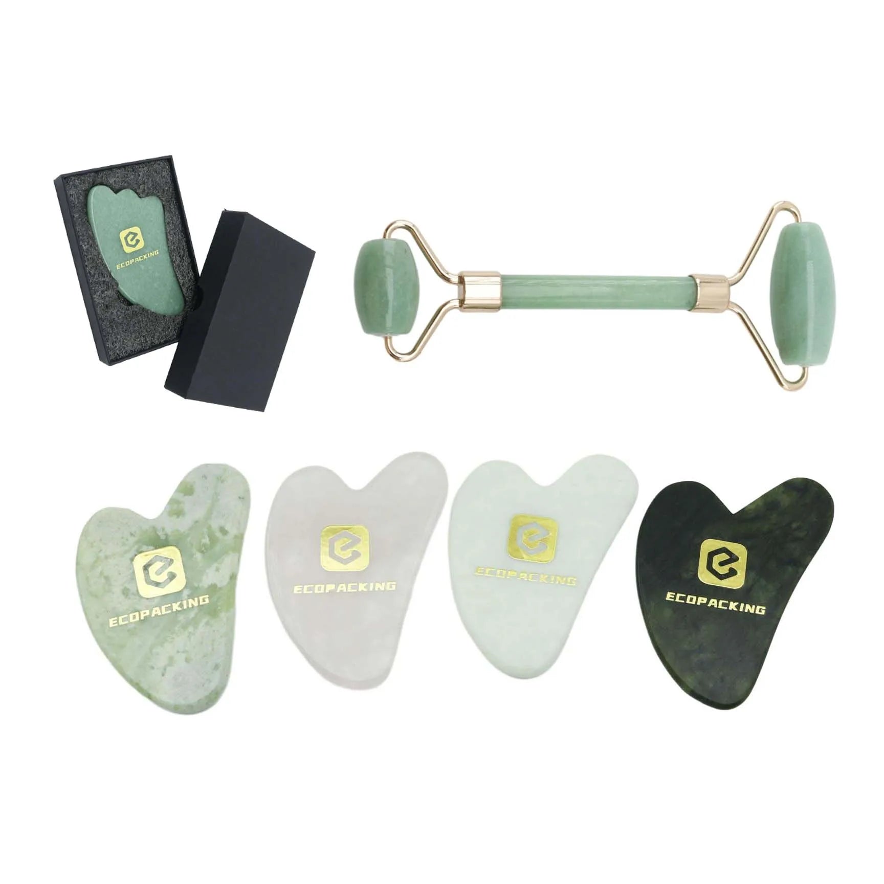 Facial Massager Tool Set Heart-Shaped Pink Crystal Rollers & Scraping Board Jade Gua Sha for Facial Massage - 图片 6