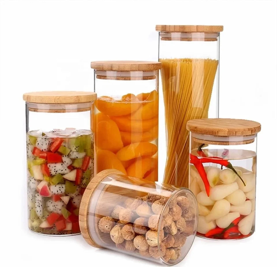 Stackable Customized Kitchen High Borosilicate Glass Storage Jar Set with Bamboo Lid for Food Cake Cookie Candy Spice B8888 - 图片 6