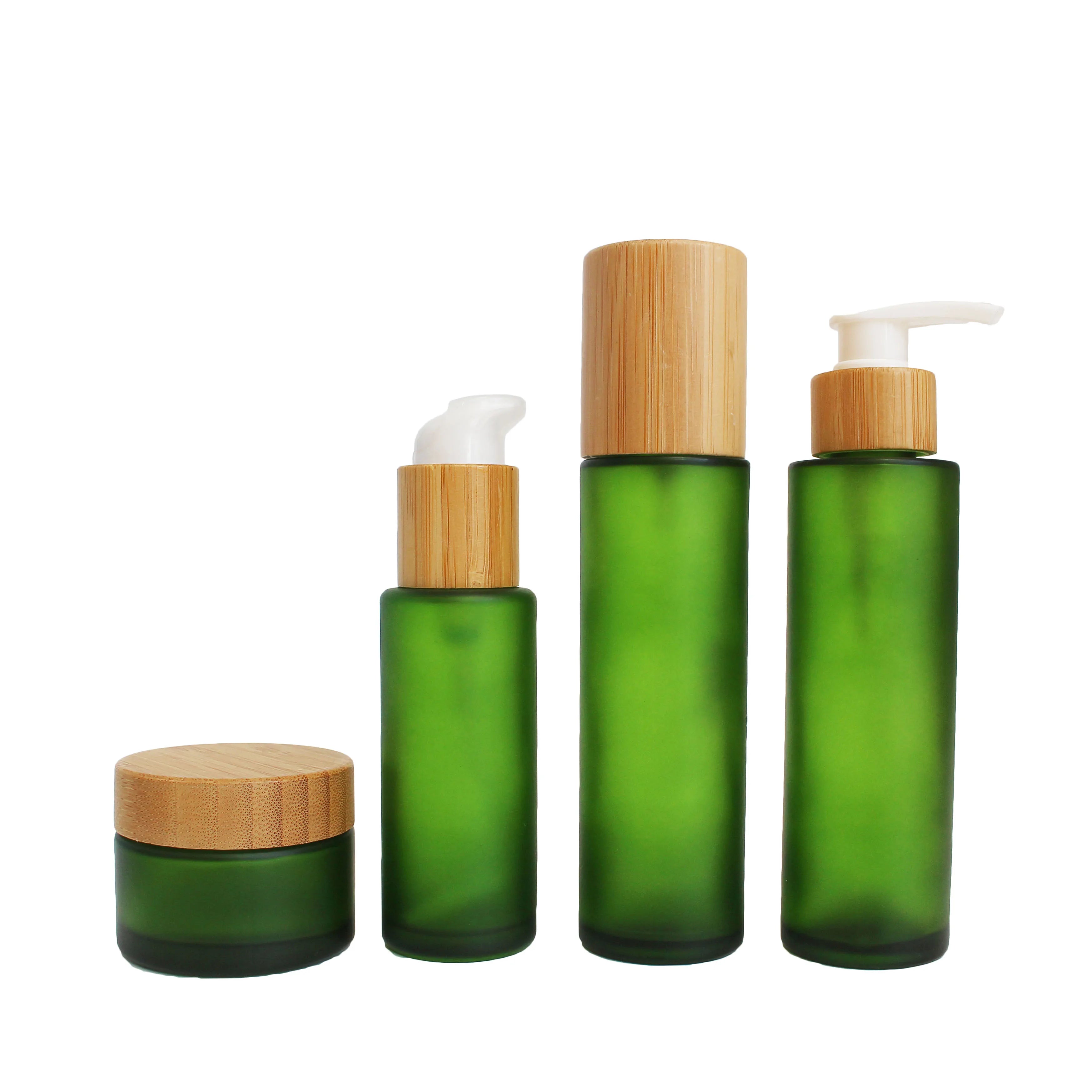 Frosted Green 30ml 40ml 50ml 100ml 4oz Bamboo Frosted Green Lotion Pump Glass Cosmetic Bottle - 图片 5