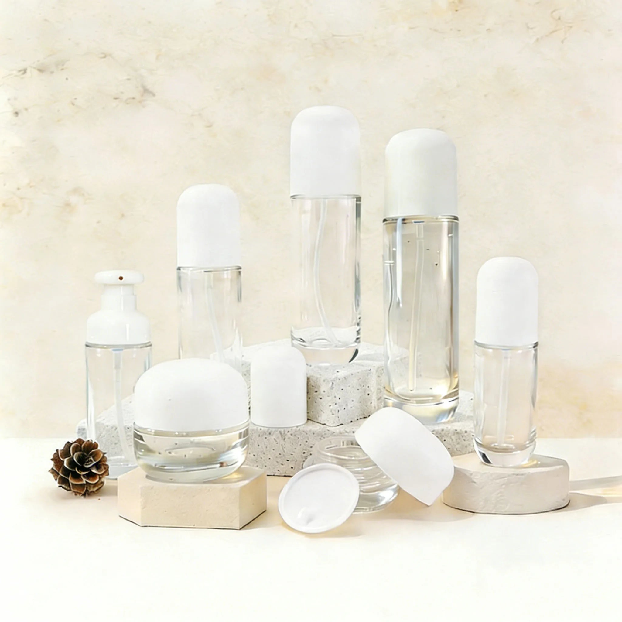 Wholesale Empty 30g 50g Clear Face Cream Jar Glass Cosmetic Lotion Pump Bottle with White Dome Cap - 图片 2