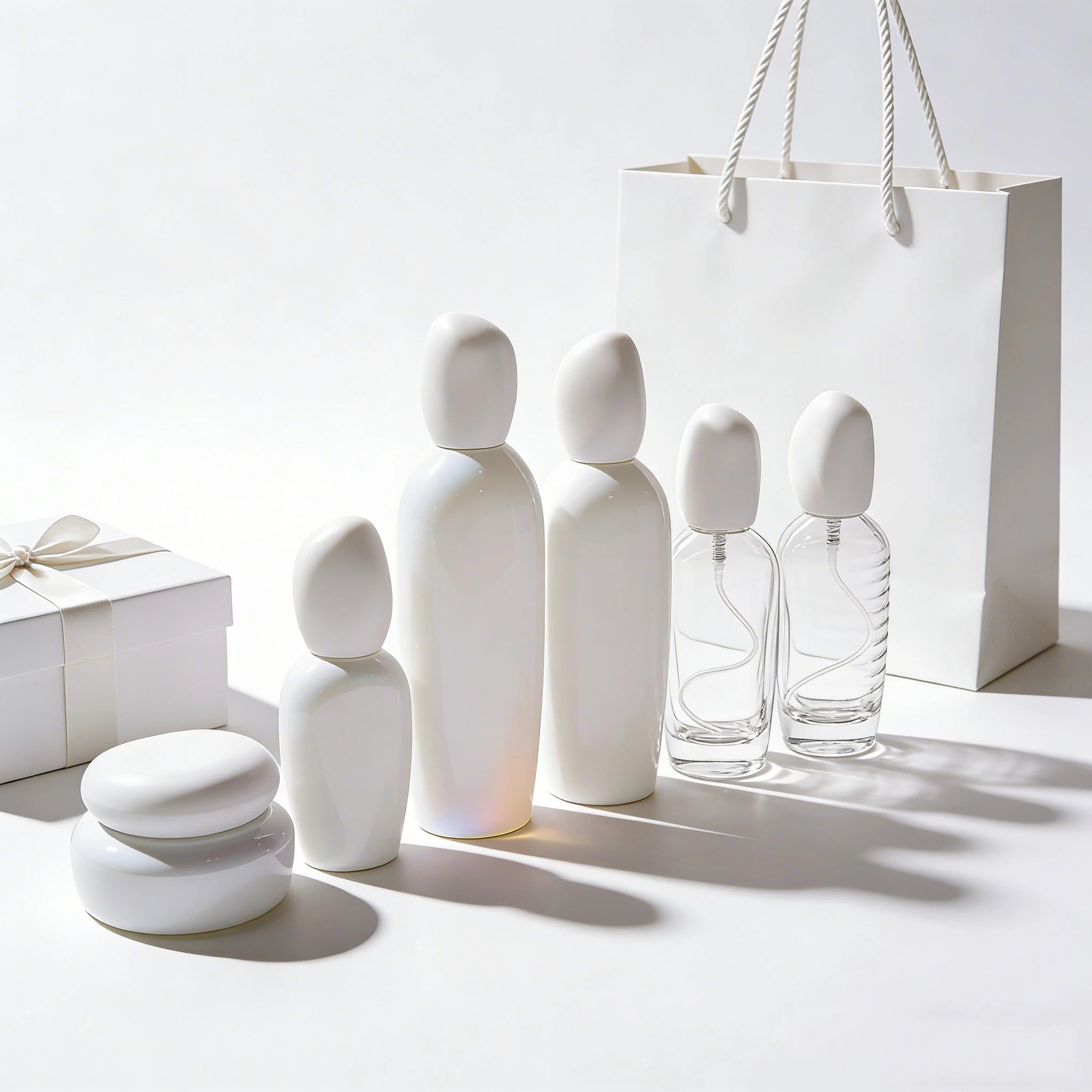 Custom Luxury New Style White Glass Body Lotion Bottle with White Stone Cap Glass Cream Jar for Cosmetic Packaging