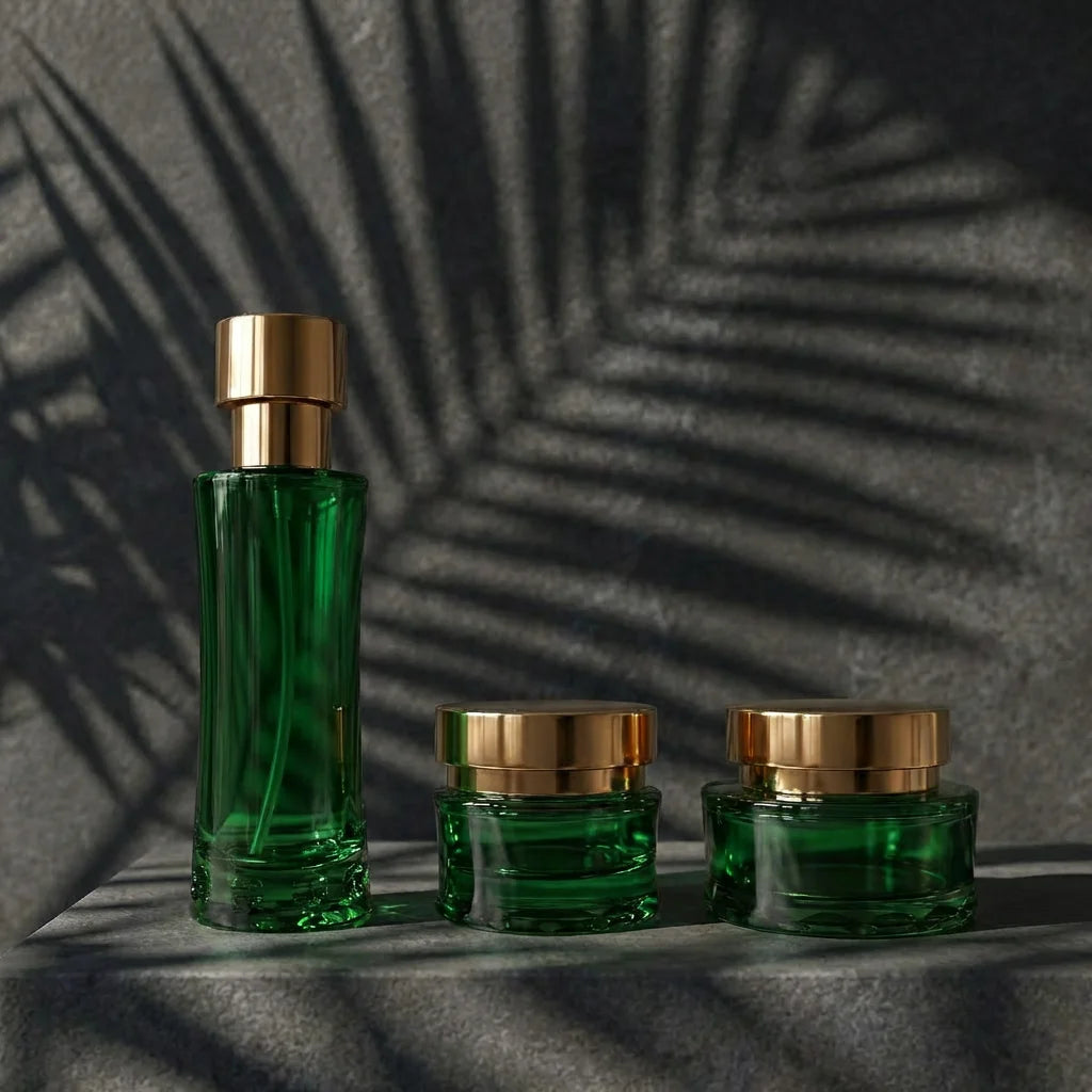 High-End Dark Green Glass Skincare Container Set Refillable Lotion Pump Bottle and Face Cream Jar for Beauty - 图片 5