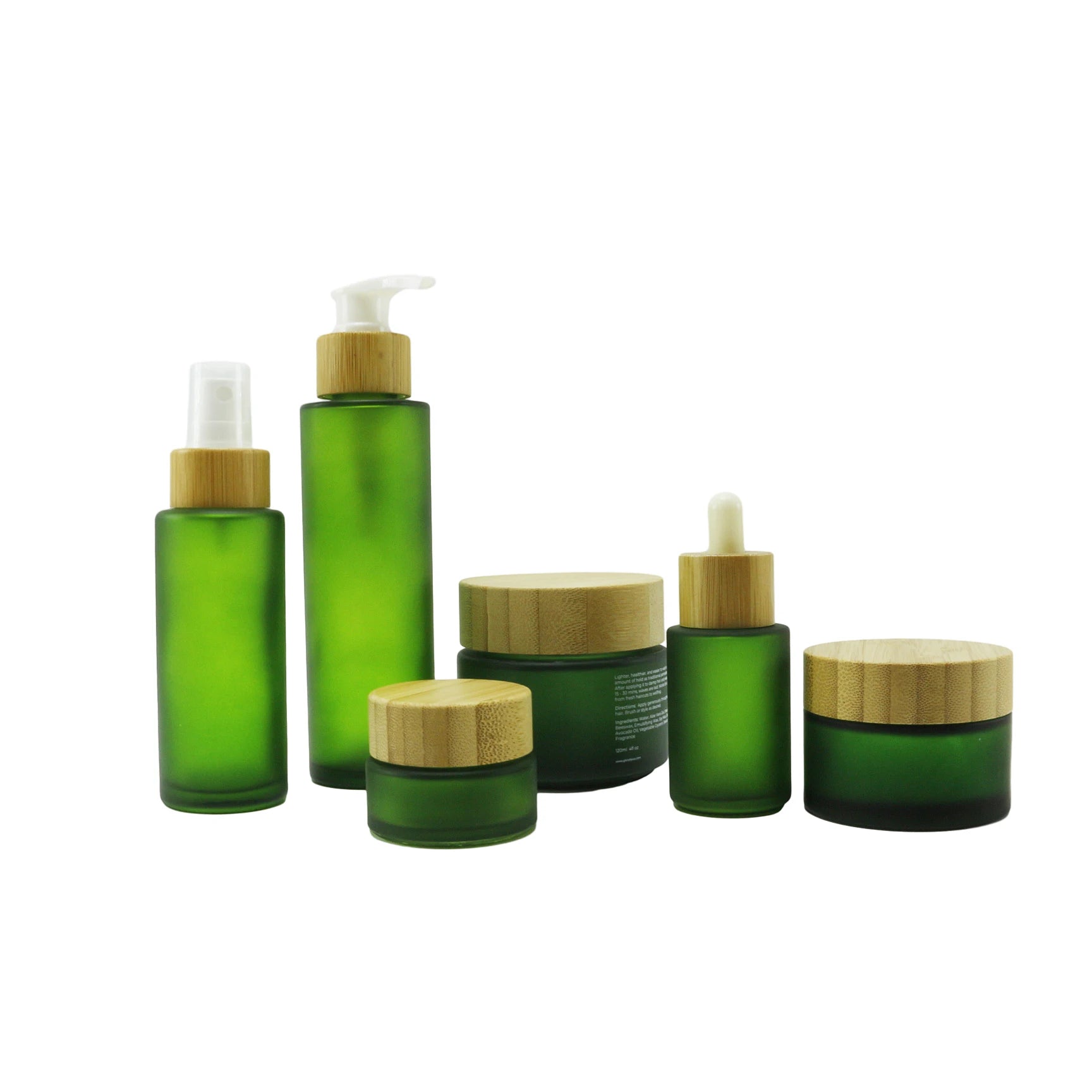 30ml 50ml 100ml 200ml Cosmetic Packaging Flat Shoulder Green Frosted Glass Pump Bottle With Bamboo Lid - 图片 2