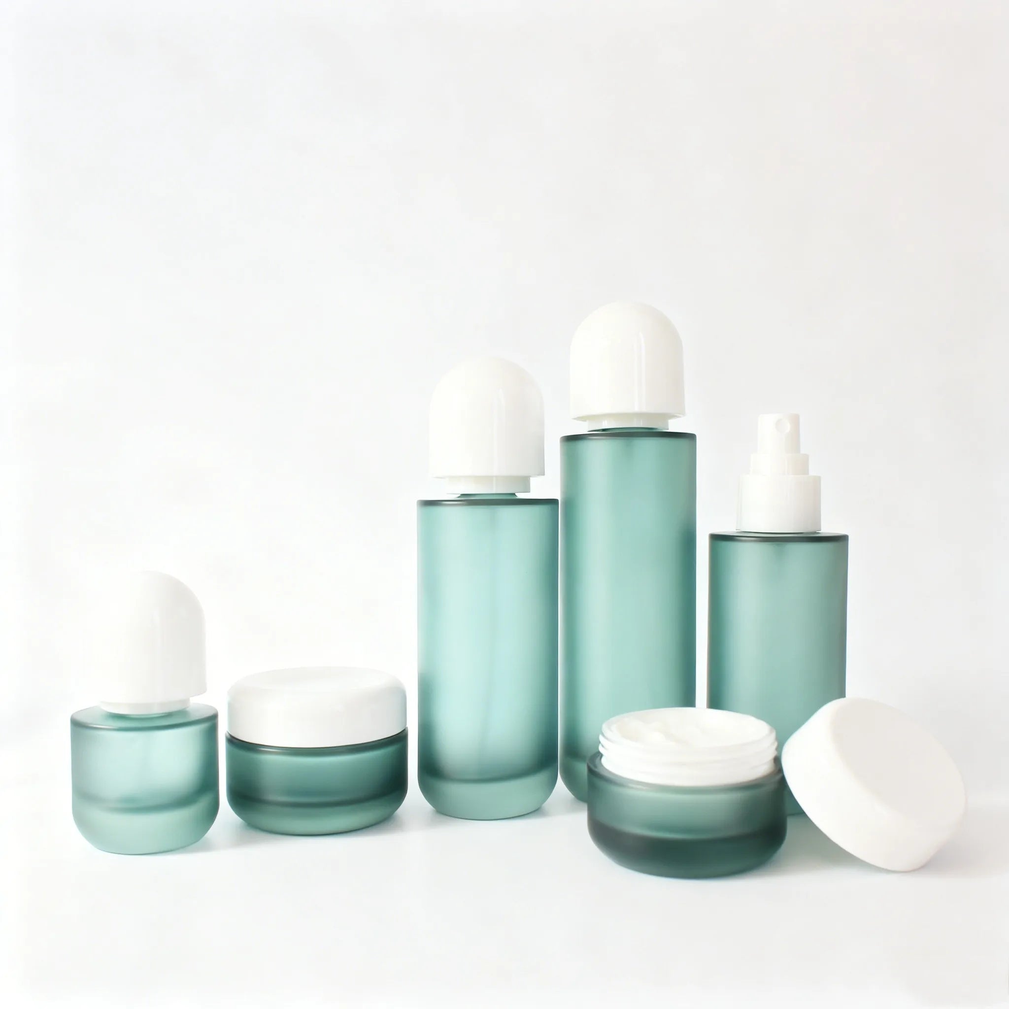 Cosmetic Set Frosted Green Glass Pump Spray Bottle 30ml 50ml 100ml 120ml Luxury 30g 50g Cream Jar - 图片 3
