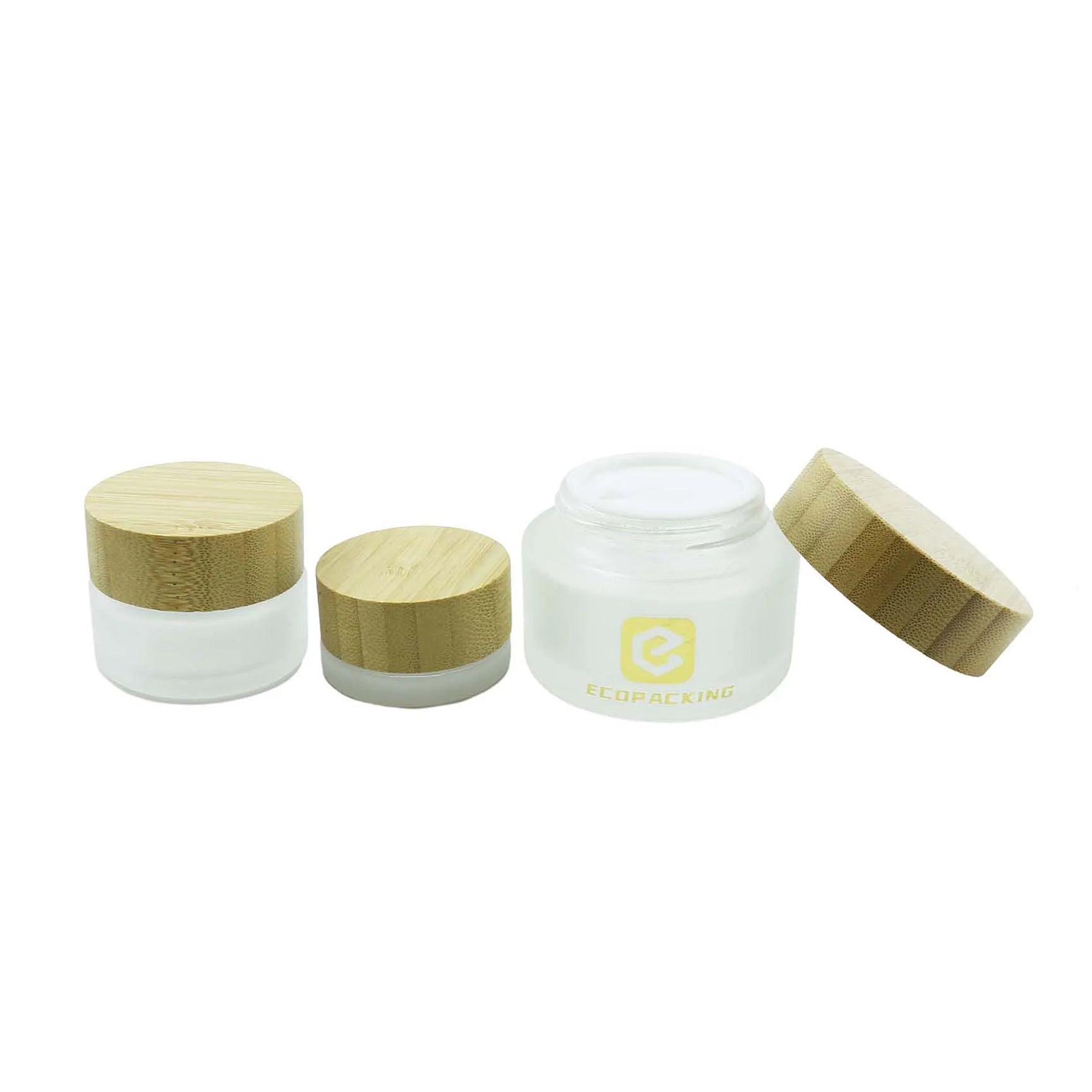 Frosted Clear Skin Care Face Eye Cream Cosmetic Glass Jars with Bamboo Wood Lids - 图片 6