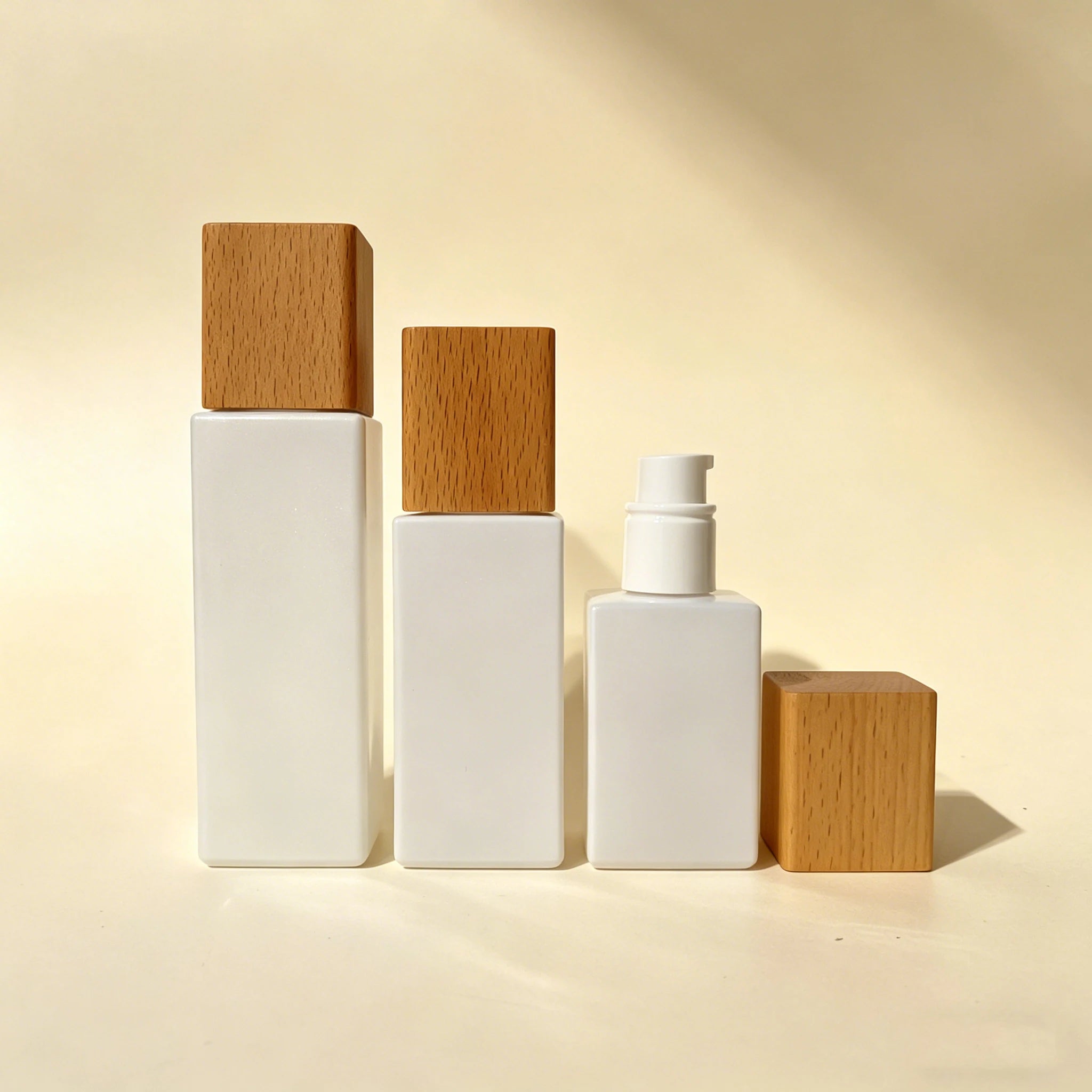 20ml 30ml 50ml 100ml 120ml square Unique Cosmetic Glass Skin Care Bottle with Lotion Wooden Cap for Face Oil Serum - 图片 2