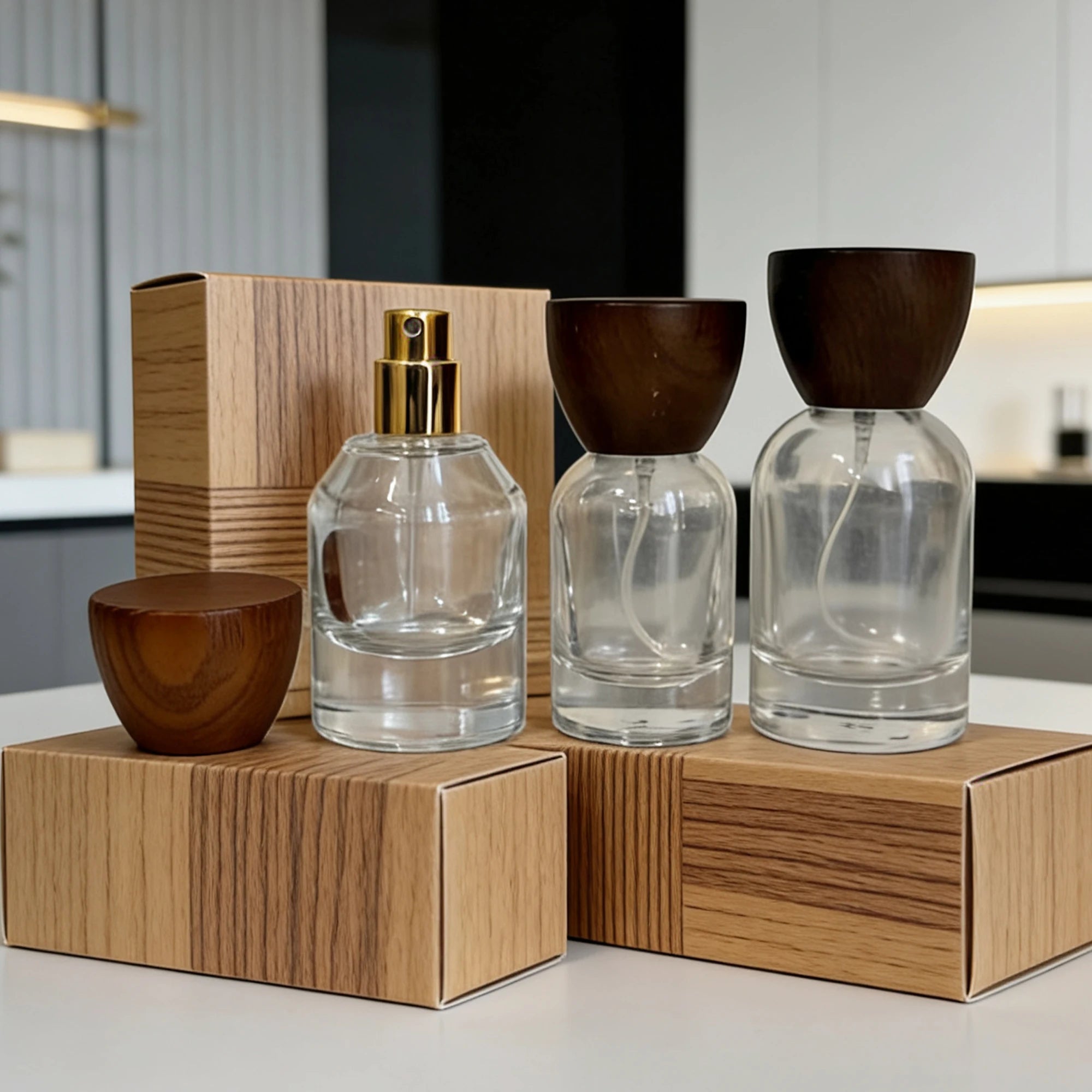 Luxury Zebra Wood Grain Matte Frost Decal Box Set Clear Glass Perfume Spray Bottle 30ml 50ml 100ml Refillable Natural Wood Lid - 图片 2