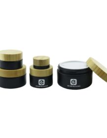 Empty Round Matte Black Cream Container Glass Jar With Bamboo  Lid Cosmetic Jar