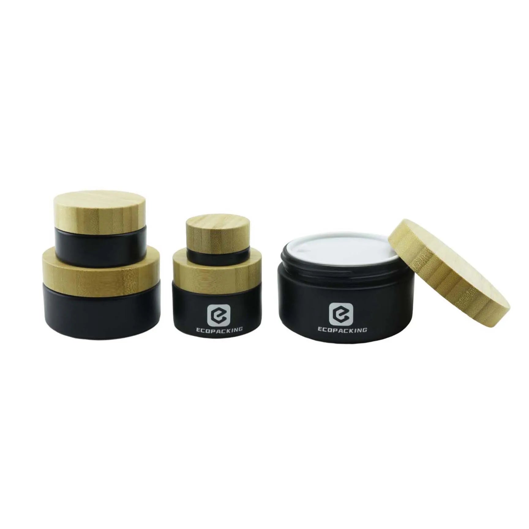 Empty Round Matte Black Cream Container Glass Jar With Bamboo Lid Cosmetic Jar