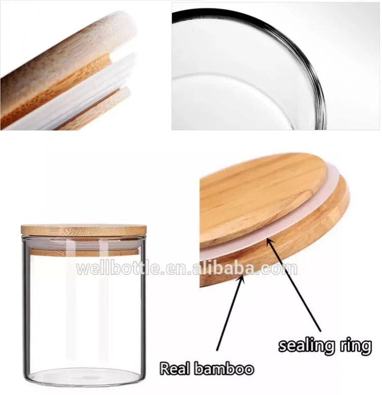 Round Airtight Coffee Tea Spice Kitchen Organizer Seal Glass Food Storage Jars with Bamboo Lid - 图片 5
