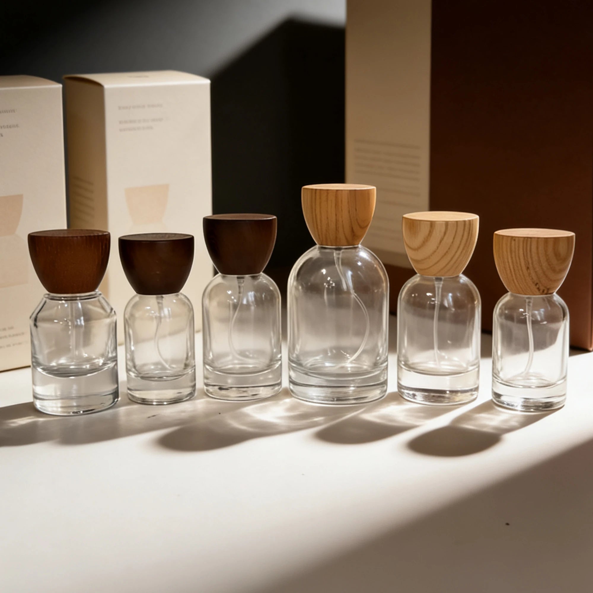Luxury Zebra Wood Grain Matte Frost Decal Box Set Clear Glass Perfume Spray Bottle 30ml 50ml 100ml Refillable Natural Wood Lid