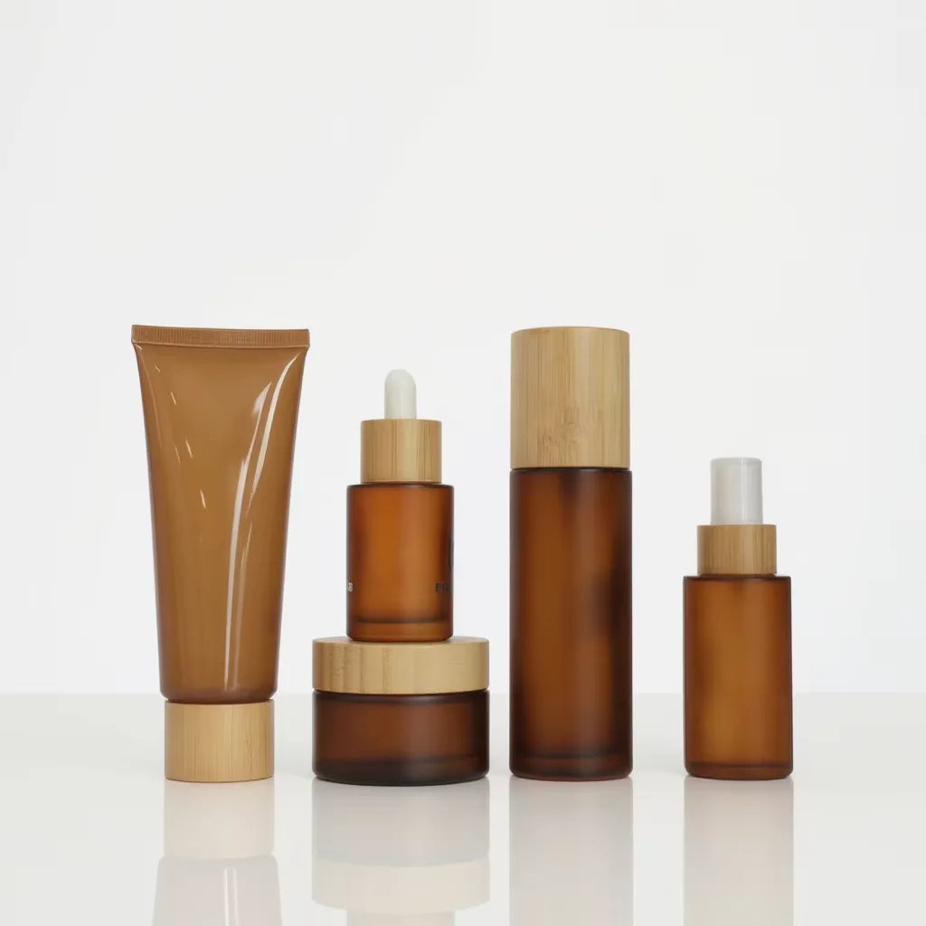 Natural 30ml 50ml 100ml Essential Oil Frosted Amber Glass Pump Bottle with Bamboo Dropper for Serum Packaging - 图片 3