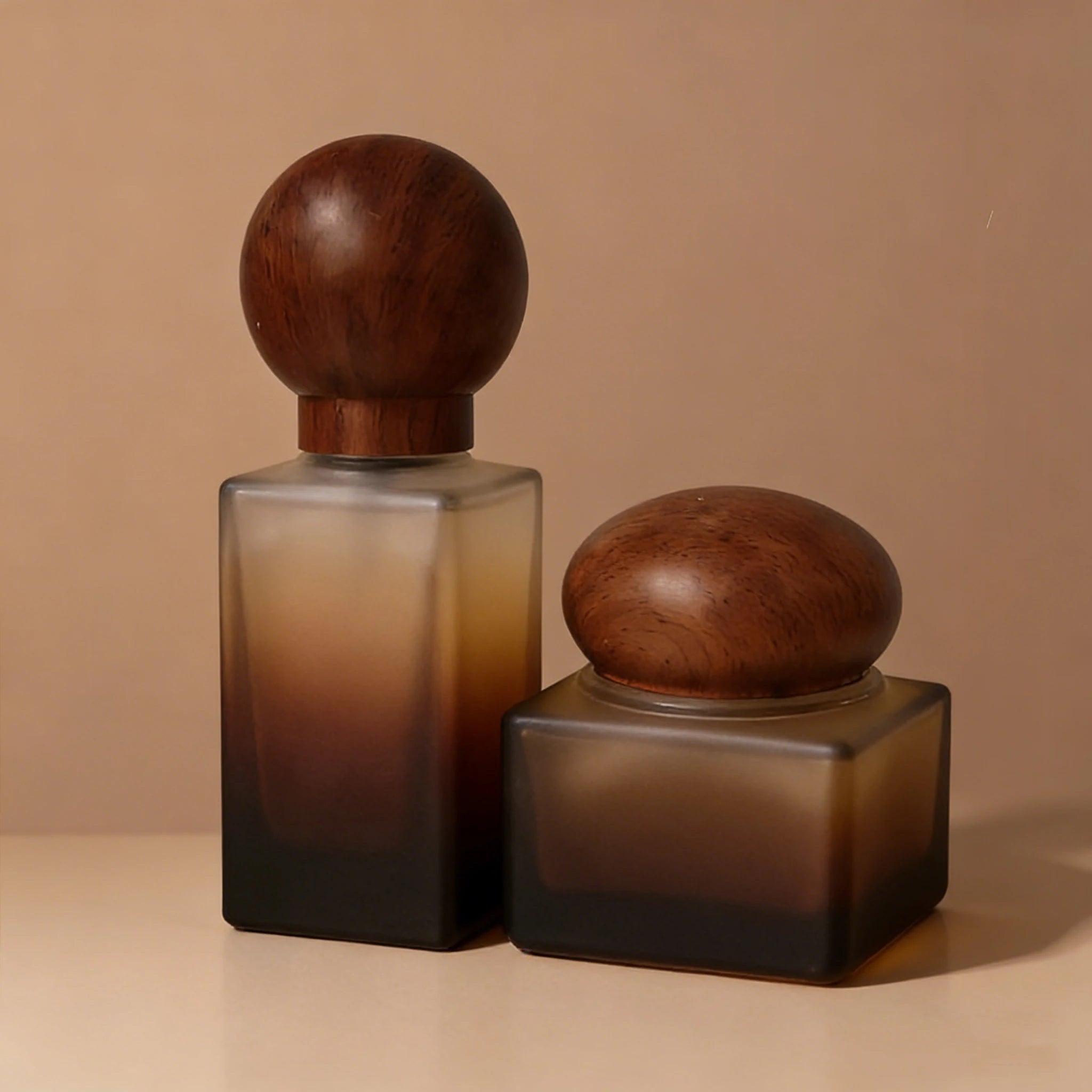 Natural Texture Gradient Brown Frosted Matte Skincare Glass Pump Bottle with Wooden Cap Packaging 40ml 100ml 120ml 50g