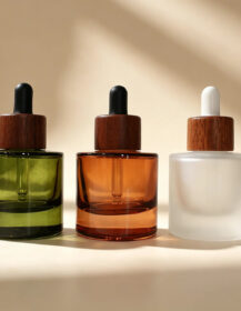 30ml Essential Oil Glass Dropper Bottle with Bamboo Wood Cap Frosted Clear Amber Green
