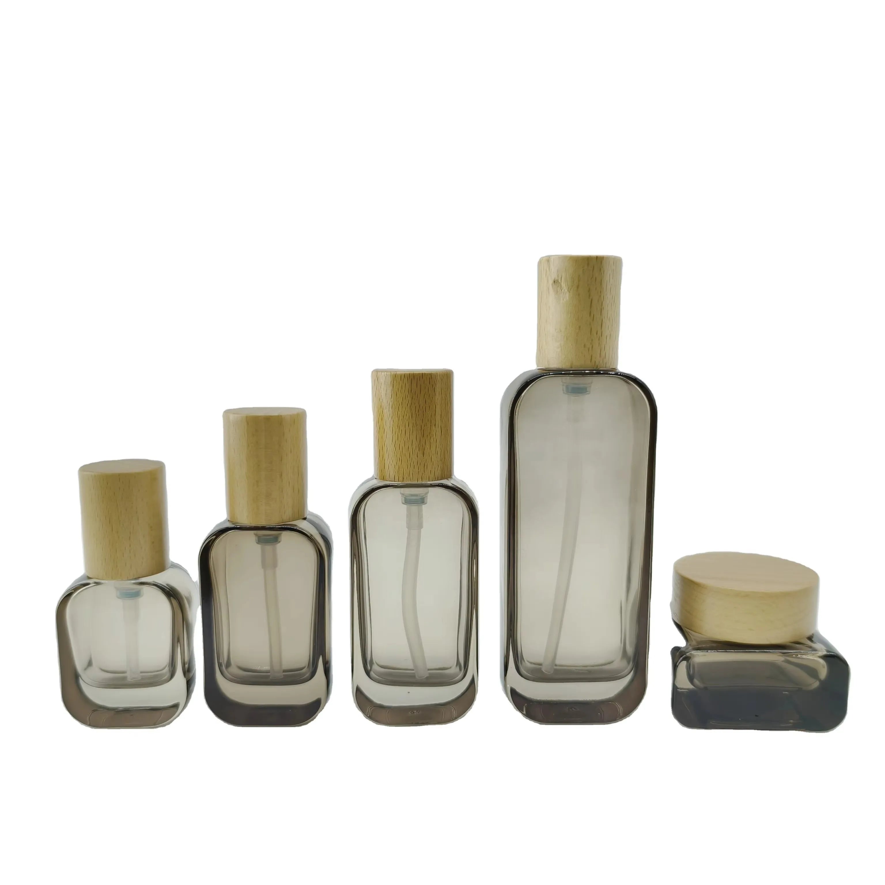 Skin Care 30g 50g 100g Empty Square Borosilicate Dark Glass Cream Jar with Screw Cap for Cosmetics with Wood Lid - 图片 3