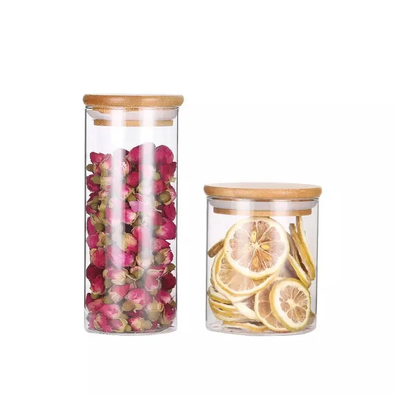 Wholesale Kitchen Borosilicate Glass Airtight Food Storage Container with Bamboo Wood Lid Round Clear Glass Jar Pantry Organizer