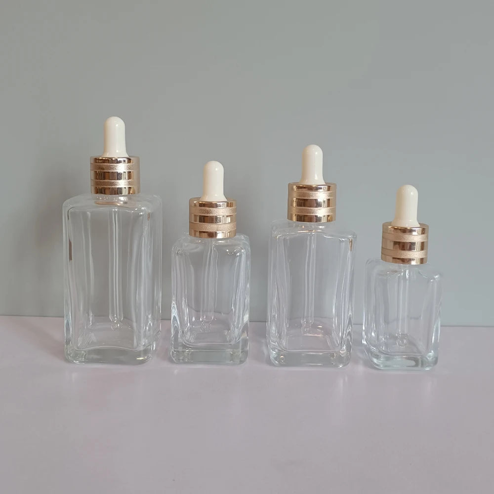 Square Custom Thick Bottom Essential Oil Bottle Empty clear Glass Dropper Bottle 100ml 75ml 50ml 30ml for Oil Serum Packing