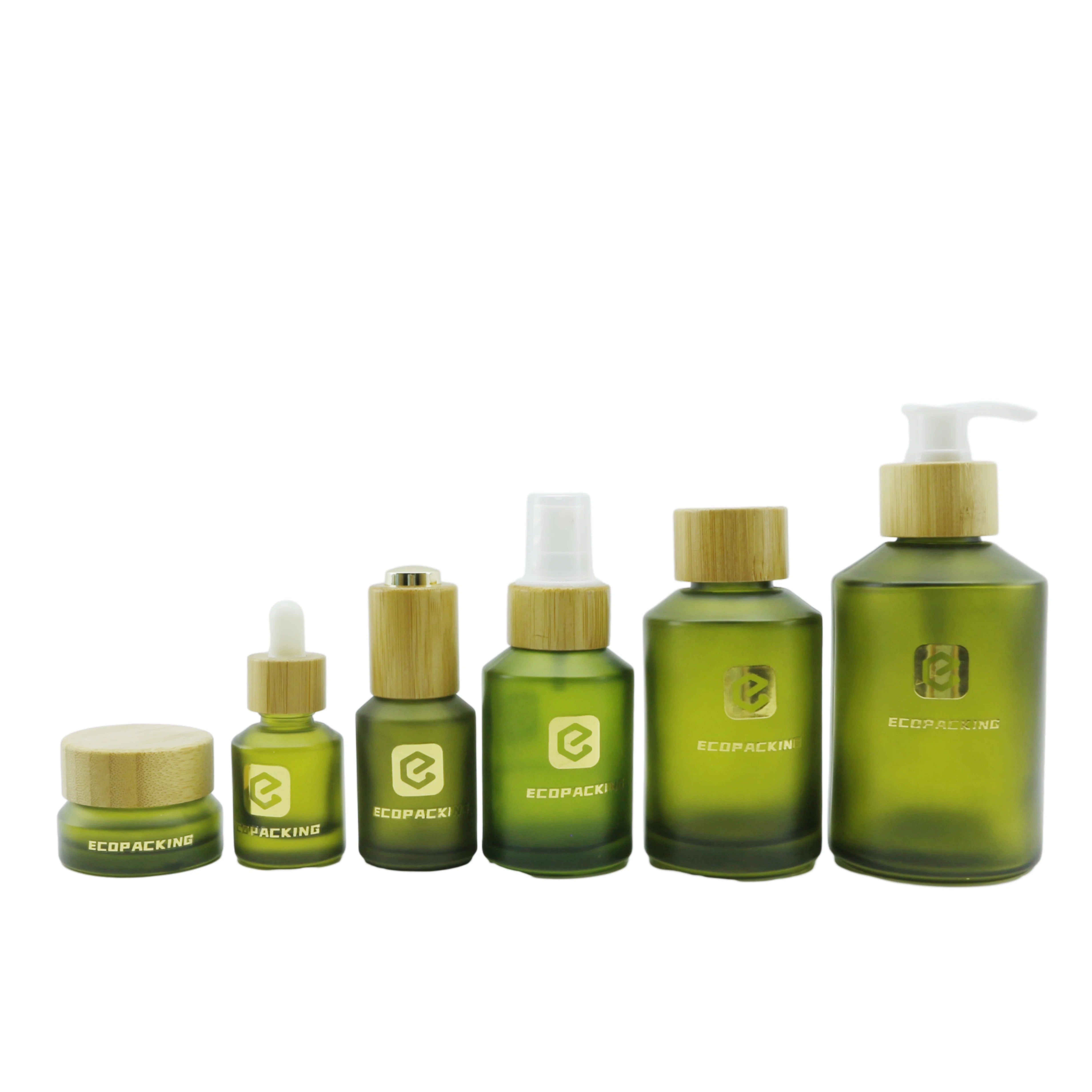 Frosted Olive Green Glass Bottle 30ml 60ml 120ml Cosmetic Bottle with 30g 50g Glass CreamJar with Bamboo Lid for Skin Care A888 - 图片 6