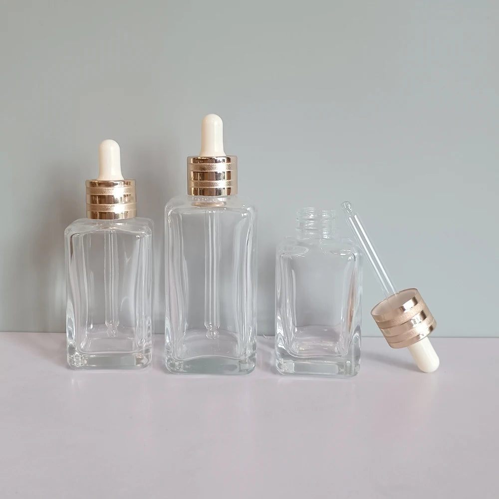 Luxury Transparent Square Dropper Bottle 30ml 50ml 75ml 100ml Cosmetic Glass Facial Serum Packaging Bottle for Essential Oil - 图片 3
