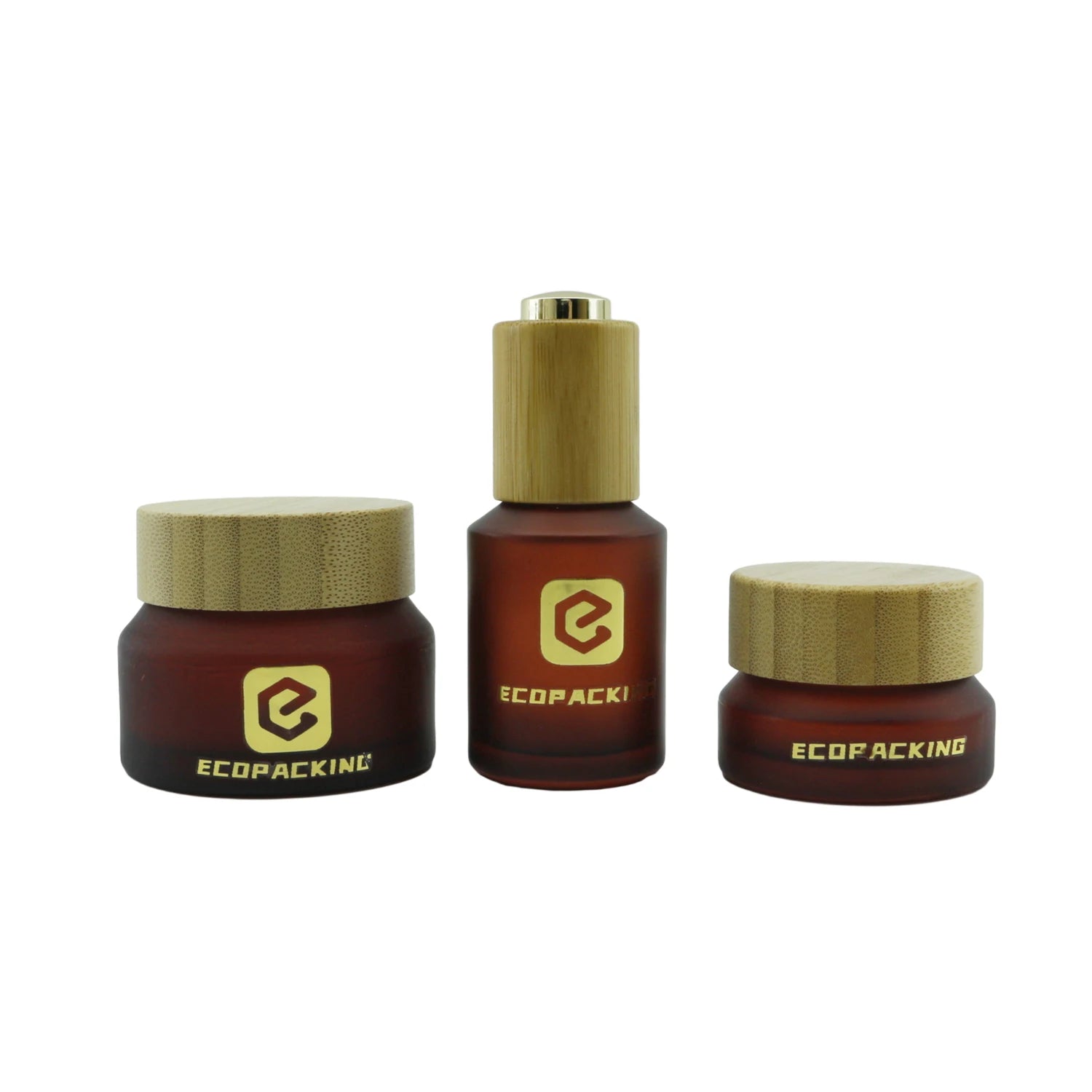 Luxury Slant Shoulder Frosted Olive Green Glass Spray Lotion Pump Bottle Cosmetic Jar Set with Bamboo Lid - 图片 9