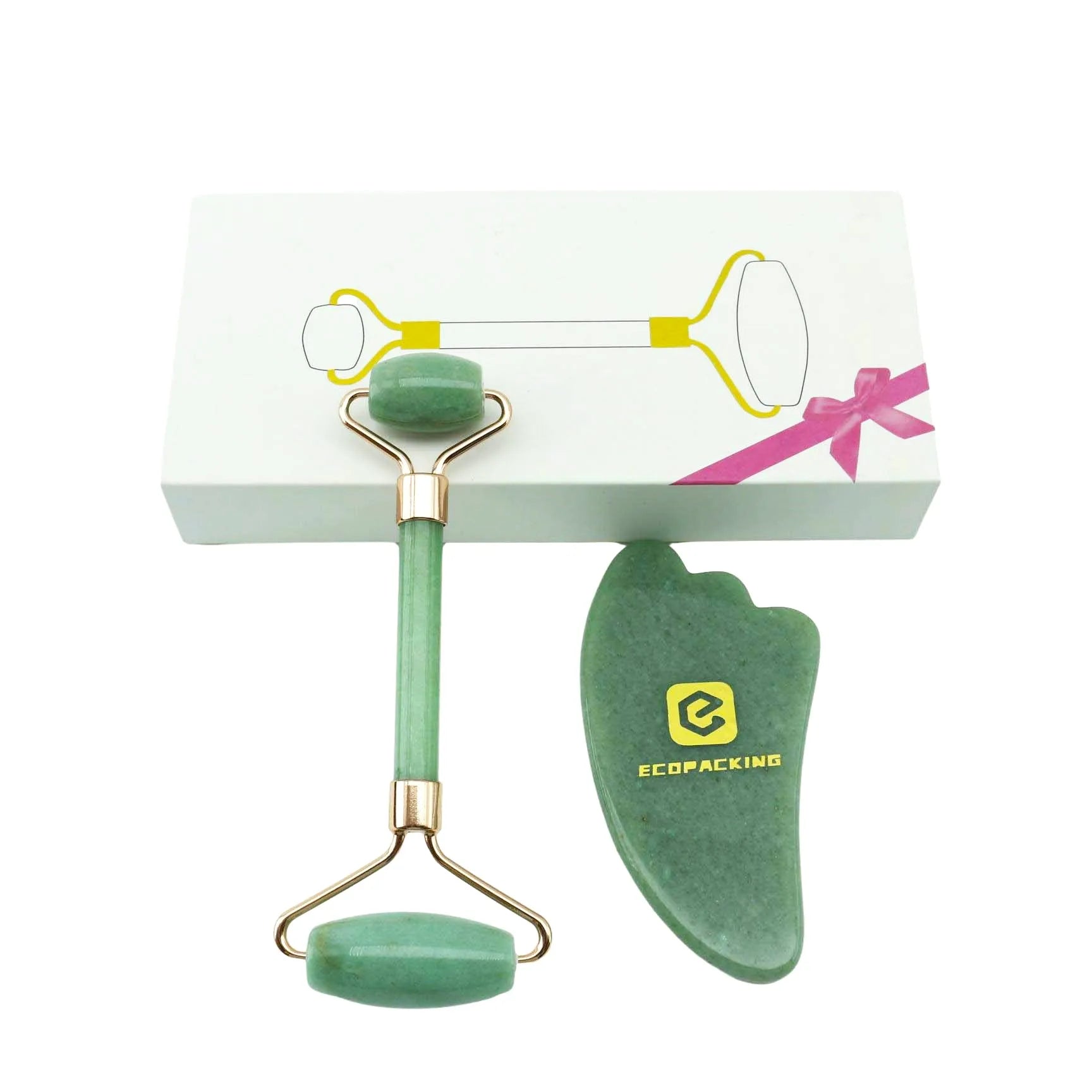 100% Natural Pure Natural Wholesale Luxury Rose Quartz pink Green Crystal Guasha Scraper Massage Tool Jade Stone Roller with Box