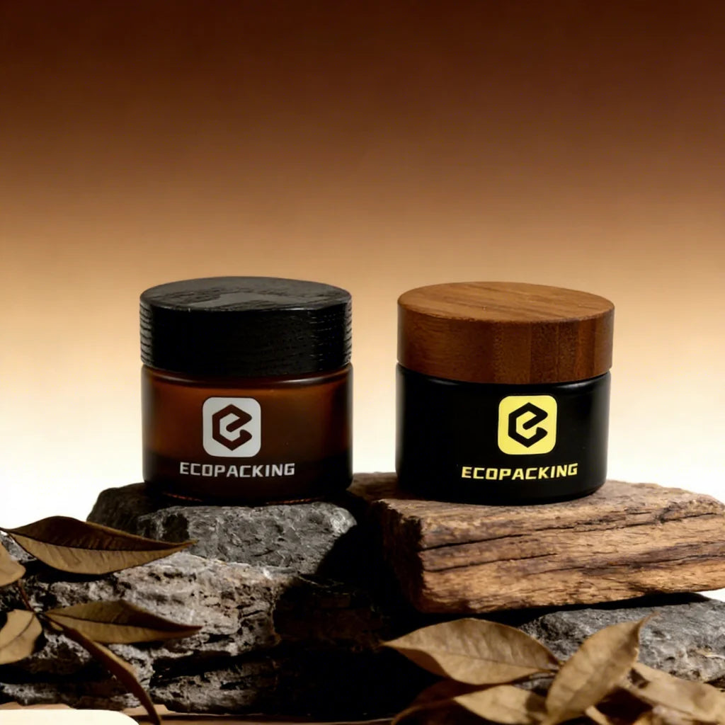 30g 50g 100g Wide Mouth Amber Black Frosted Cosmetic Glass Jar With Bamboo Darker Wooden Lid for Skin Care Eye Cream A888