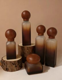 High-End 100ml Skincare Packaging Glass Pump Bottles with Wood Grain Caps for Serum/Lotion/Eye Cream