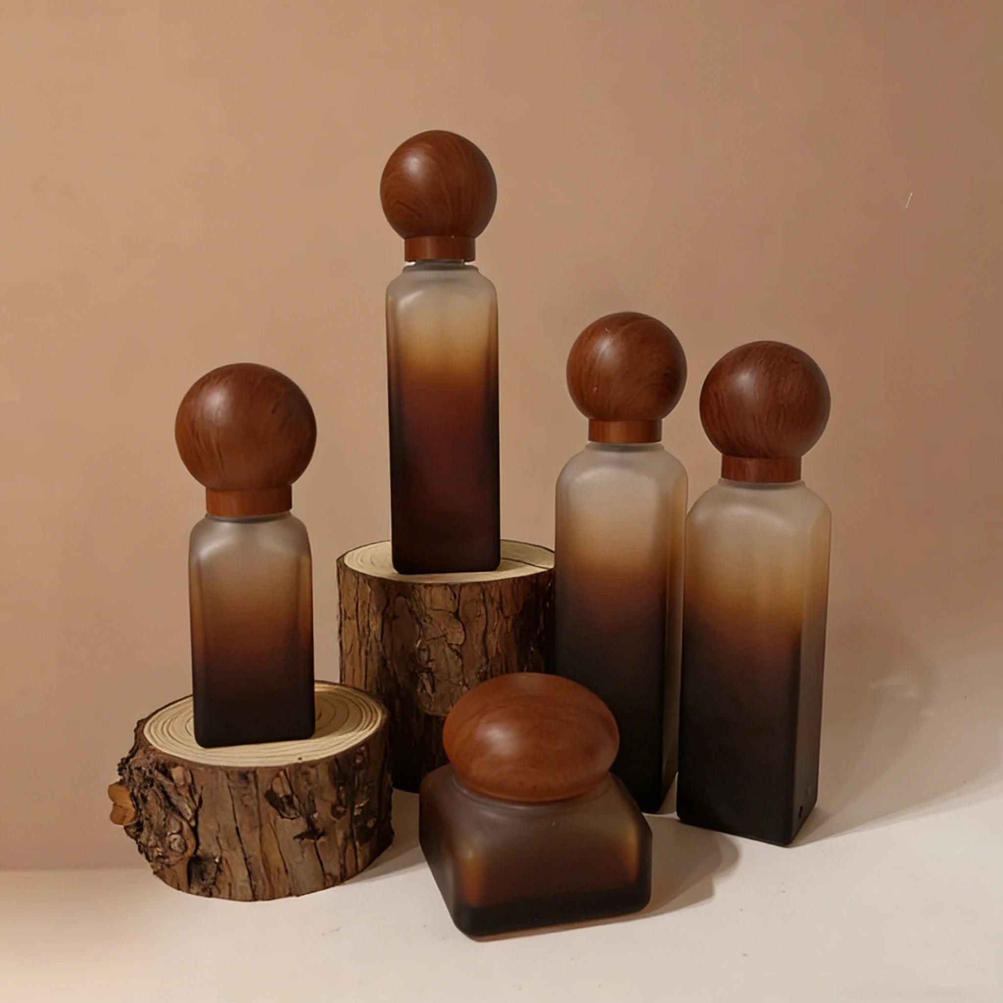 High-End 100ml Skincare Packaging Glass Pump Bottles with Wood Grain Caps for Serum/Lotion/Eye Cream